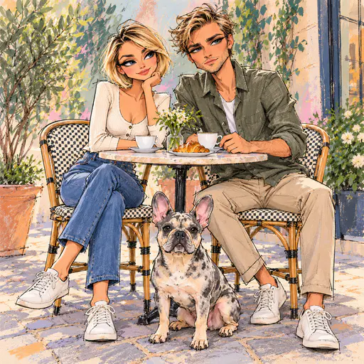 Fashion sketch of a couple with a French bulldog at a cafe table with loose ink lines and pastel washes