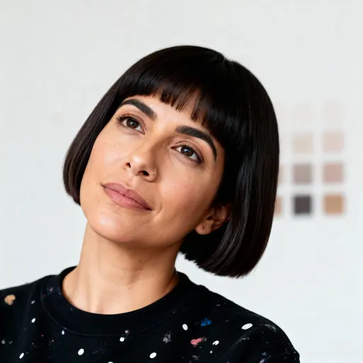Yareli Cortez, 37, Mexican American set designer in a black crewneck dotted with coral paint specks and a short blunt haircut, tilts her head with steady creative focus under gentle light that smooths tones and lifts cheekbones against a p