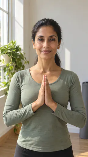 A lean strong woman in her early forties with a long dark ponytail and small gold studs, in a plain sage-green fitted top with her palms pressed together at her chest, in a sunlit practice room with a green plant and a rolled grey mat.