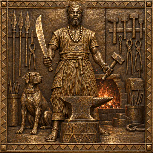 The Yoruba orisha Ogun, a bearded smith warrior with a machete and a hammer, stands at an anvil beside a forge fire with a dog and iron tools in hammered brass relief.