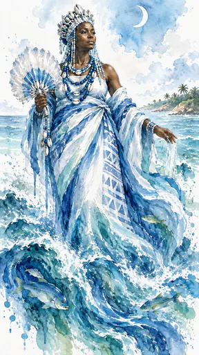 The Yoruba orisha Yemoja, a dignified woman in a blue and white wrap with a beaded crown and cowrie strings, rises from the sea with fish and a crescent moon in watercolor.