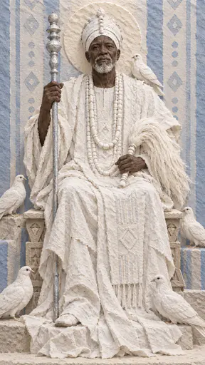 The Yoruba orisha Obatala, a serene elder in white robes and a white crown, holds a silver staff and a white fly whisk among white doves in pressed paper pulp relief.