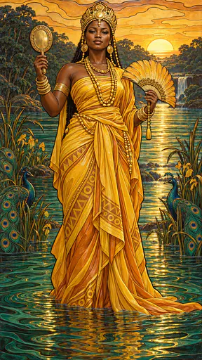 The Yoruba orisha Oshun, a regal woman in an amber wrap with brass bangles and a crown, holds a mirror and a fan standing in a golden river at dawn in cut lacquer.