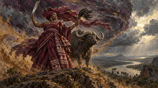 The Yoruba orisha Oya, in a deep maroon wrap and flowing scarf, holds a machete and a horsetail whisk on a hilltop in a whirlwind beside a water buffalo in layered wax paint.