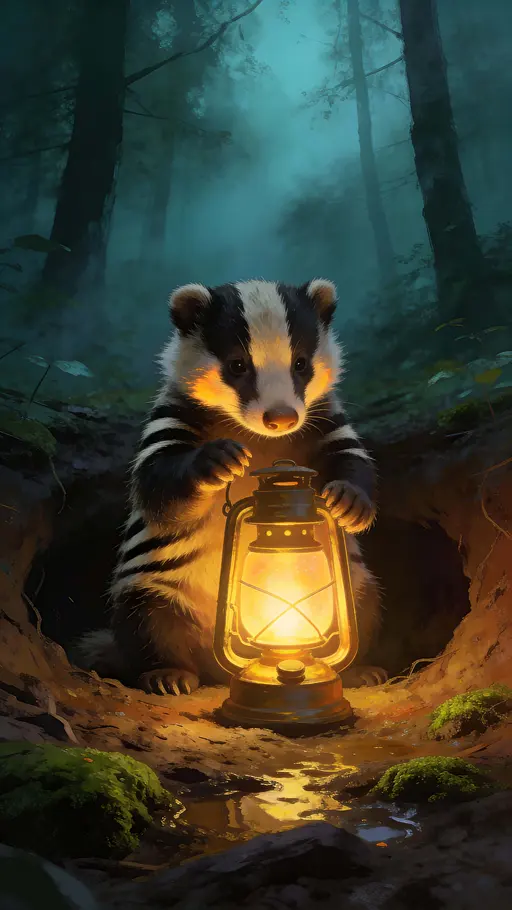 A young badger sits centered in a 9:16 foggy forest hollow, lifting a softly glowing lantern that casts warm light on its realistic stripes while cool teal shadows recede.