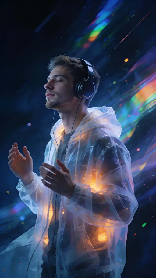 A young man with short hair and light stubble listens with over-ear headphones in a 9:16 medium portrait inside a dark abstract space of flowing rainbow reflections, deep-blue particles, cool facial light and a warm glow beneath a luminous,