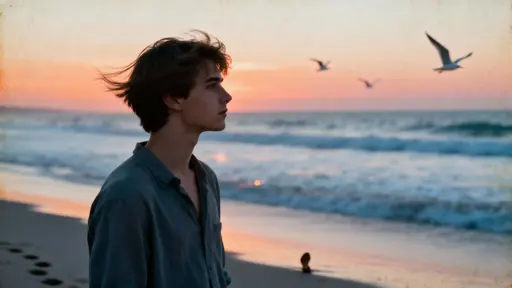 A young man stands alone on a quiet beach at sunset with soft orange and pink light reflecting on gentle waves, wind through his hair and distant seagulls creating a nostalgic, cinematic mood.
