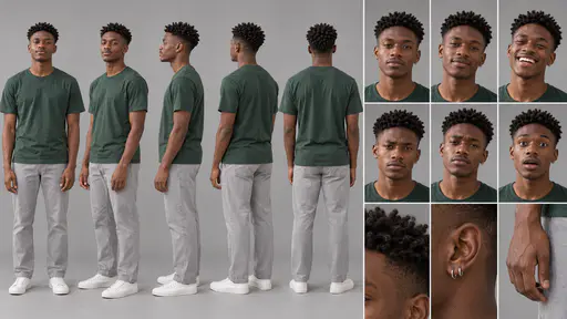 A 16:9 studio character sheet of a young man with a coily twist-out and two silver ear hoops in a green t-shirt, grey trousers and white sneakers, shown in five full-body views, six expressions and three close details.