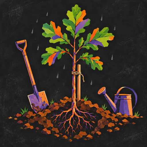 A young oak sapling stands in a freshly dug mound of soil with a spade, a watering can and a stake drawn in faceted vivid green, orange and violet planes on a dark chalk marked ground.