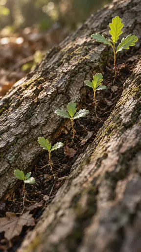 Young oak seedlings with glossy green leaves growing in soil and leaf litter along a deep crease in the bark of a fallen oak, soft warm daylight and blurred forest behind.