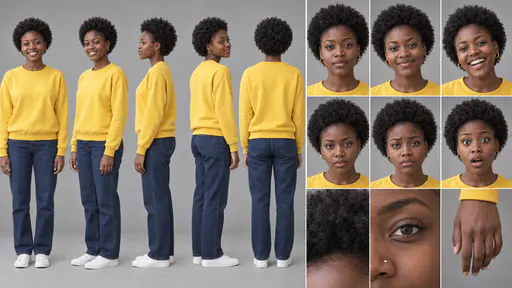 A 16:9 studio character sheet of a young woman with a short afro in a yellow sweatshirt, blue jeans and white sneakers, shown in five full-body views, six expressions and three close details.