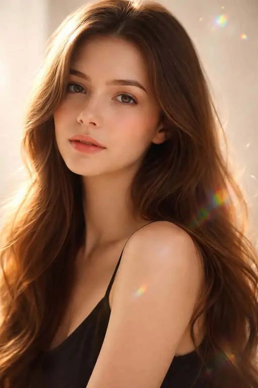 Close, faithful portrait of a young woman in fine-art photography with prism-refraction highlights and soft rim light, composed and cropped for a 2:3 poster-cover image.