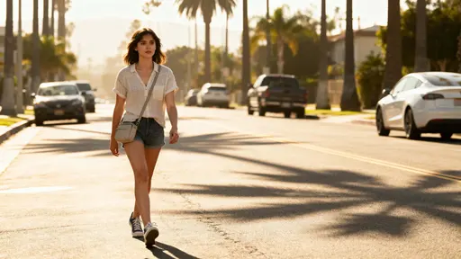 A sunlit portrait of a young woman crossing a Los Angeles street with palm-tree shadows on the pavement, warm tones and a shallow depth of field framing a relaxed, cinematic moment in a 16:9 crop.