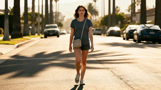 A sunlit portrait of a young woman crossing a Los Angeles street with palm-tree shadows on the pavement, warm tones and a shallow depth of field framing a relaxed, cinematic moment in a 16:9 crop.