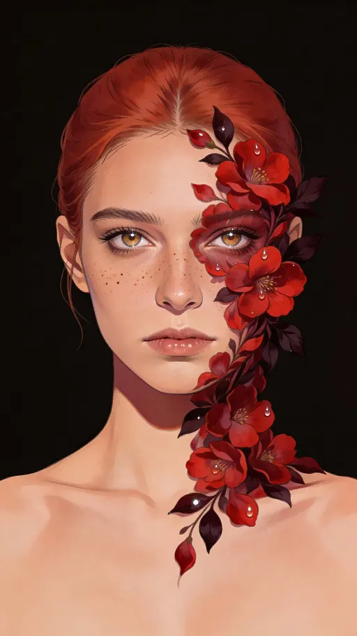 Portrait-format 9:16 wallpaper of a mid-20s woman with copper-red hair and freckles whose right cheek morphs organically into deep red petals and dark leaves, set against a clean dark top third with dewy highlights.