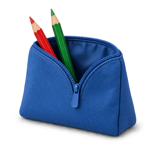 A blue zippered fabric pencil case standing open with its zip wide and a red and a green sharpened pencil sticking out, on a transparent background.