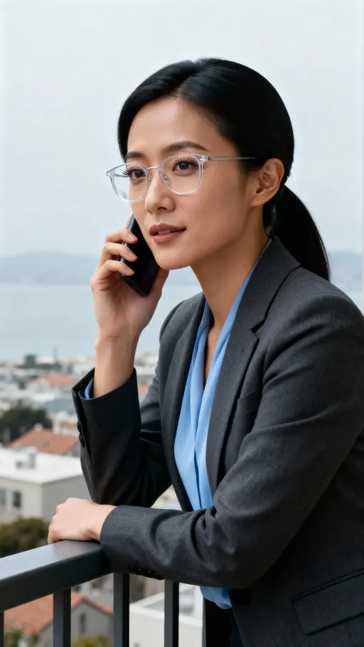 Zoe, a composed Chinese American startup founder in her early 30s, leans on a terrace railing for a headshot, wearing a charcoal blazer (#33363A) and soft blue blouse (#6CA0D8), with warm skin tones (#D6A77F) and clear-glass highlights (#E6