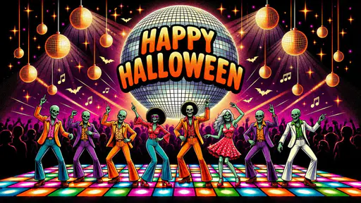 Eight green skeletal zombie dancers in retro flared suits and red polka-dot outfits dance below a giant mirrored disco ball bearing HAPPY HALLOWEEN, with smaller gold balls and a lit floor.