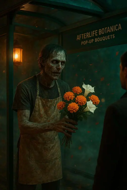 A zombie florist offers a bouquet of marigolds and moonflowers at an urban botanical garden tram stop, warm lantern light and cool greenhouse glow create an autumnal, cinematic scene with drifting petals and soft vapor.