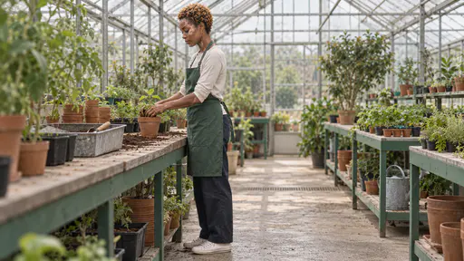 A Black woman with vitiligo in her early thirties in a plain green apron pots a small seedling at a bench inside a botanical glasshouse, rows of plain pots and green benches stretching behind her under the glass roof.